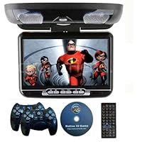 New Black 9 Overhead Flip Down Roof Mount LCD Car Monitor Package With DVD Player Lcd with 2 Wireless 32 bit game Controllers: Game Disk