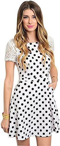 Poe Ma Women's Black and White Polka Dots Short Sleeve Lace Cutout Back Dress - Medium