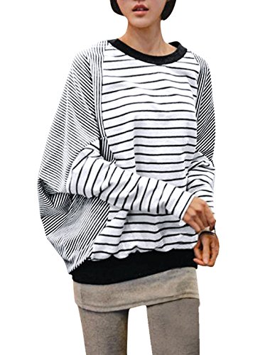 Allegra K Women Fall Winter Stripe Panel Batwing Top Loose T Shirts