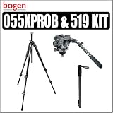 Bogen Manfrotto 055XPROB Tripod Legs (Black) with Bogen 519 Fluid Head Tripod Kit + Bonus Maccabee Monopod
