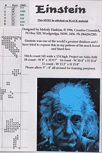 EINSTEIN CROSS STITCH PATTERN - BLUE thread colours stitched on BLACK material