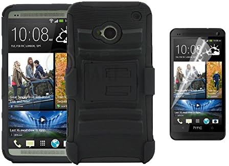 For HTC One M7 Belt Clip Holster, Armor Shockproof Heavy Hard Stand Phone Case Cover + Holster W/ Free Screen Protector (Holster Black)