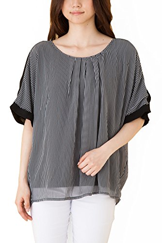 (Goldjapan)ゴールドジャパン 大きいサイズ レディース ストライプ柄 シフォン チュニック カットソー 七分袖 ７分袖 半袖 半そで チュニック ブラウス Ａライン 体型カバー フォーマル カジュアル エレガント きれいめ 女子会 gold026