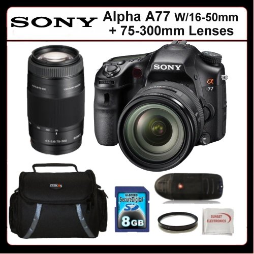 Sony Alpha A77 Kit Includes: Sony Alpha A77 Digital Camera with 16-50mm and 75-300mm Lens, 8GB SDHC Memory Card, Memory Card Reader, UV Filter, SSE Microfiber Cleaning Cloth and Soft Carrying Case