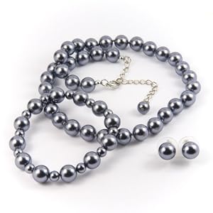 Platinum 10mm Glass Pearl Necklace, Bracelet and Earring Set