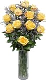 One Dozen Long Stem Yellow Roses with Cylinder Hand Blown Glass Vase