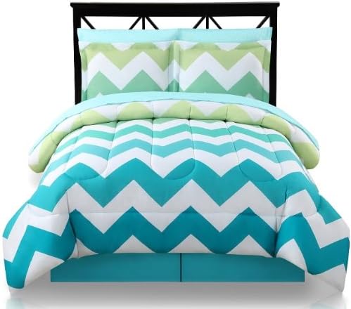 Light Green Yellow Turquoise Chevron King Comforter, Skirt and Sheet Bedding Set (8 Piece Bed in a Bag)