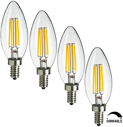 SooFoo E12 Candelabra Base 4W Dimmable COB LED Filament Candle Light Bulb,2700K Warm White 400LM,40W Incandescent Replacement,4 Pack