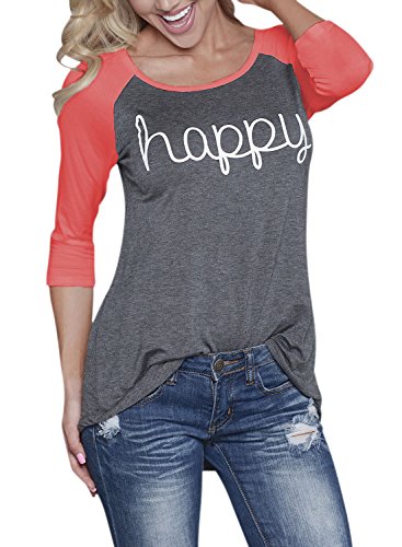 Phoenix Women 3/4 Sleeve Crew Neck Happy Letter Print Tops Shirt Blouse, XL