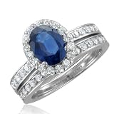 Sapphire Engagement Ring Diamond Wedding Ring Bridal Set in 18k White Gold Halo Ring (G, SI1, 2.29 cttw), 8x6mm
