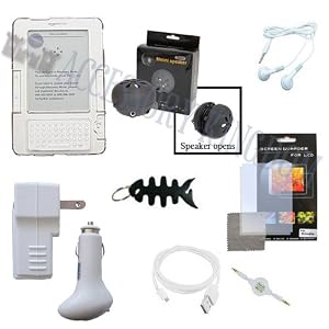 Accessory Kingdom: Amazon Kindle 2: 9 Item Bundle includes: (Clear Crystal Case + Mini Speaker + USB Car Charger + USB Travel Charger + White USB Straight Data Cable + White 3.5mm retractable Aux cable + LCD Screen Protector + White Stereo earphone + Fishbone Keychain)