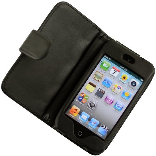 Best Cheap Black Leather Folio Folding Case Cover w/ Screen Protector Films for Apple iPod Touch 4th Gen Generation 4G 8GB 32GB 64GB