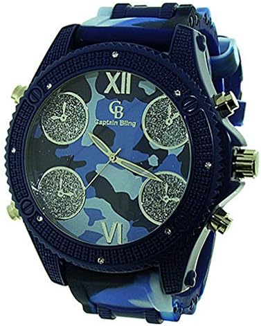 Letter Fashion Mens Crystal Big Face Blue Camouflage Captain Bling Ice Nation Jumbo Watch