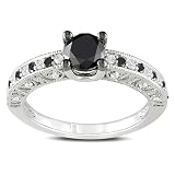 Sterling Silver 1 CT TDW Black and White Diamond Black Rhodium Plated Fashion Ring (G-H, I3)