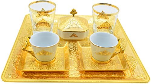 Royal Dore High End Stunning Espresso Turkish Greek Coffee Serving Set with Cups Saucers Sugar Bowl Glasses &amp; Tray in Gift Box (Gold)