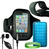 Apple iPod Touch 4th Generation Accessories Kit: Black Exercise Neoprene Armband + Blue Diamond Crystal TPU Argyle Skin + No- hands iPod Touch 4th Generation Earphones with microphone + VG Live * Laugh * Love Wrist Band!!!