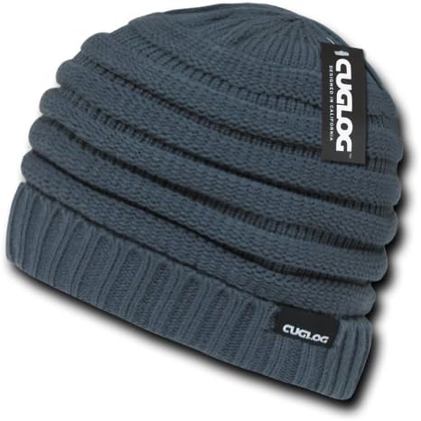 Long Cuffed Beanie with Stripe Knit Pattern by Cuglog (Charcoal Grey)