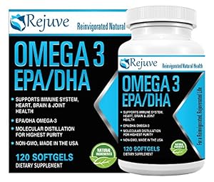Rejuve Omega 3 EPA and DHA Fish Oil Dietary Supplement - 100% Natural, Pure Formula - Supports Cardiovascular, Brain, Joint & Immune System Health - 120 Soft Gels