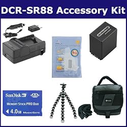 Sony DCR-SR88 Camcorder Accessory Kit includes: SDNPFV100 Battery, SDM-109 Charger, SDMSPD4096 Memory Card, SDC-27 Case, ZELCKSG Care & Cleaning, GP-22 Tripod