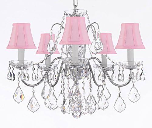 Hamilton Home Daniele Collection Chrome Finish Crystal Chandelier Lighting Chandliers with French Pendant Crystals and Pink Shades - Good for Dining Room, Foyer, Entryway