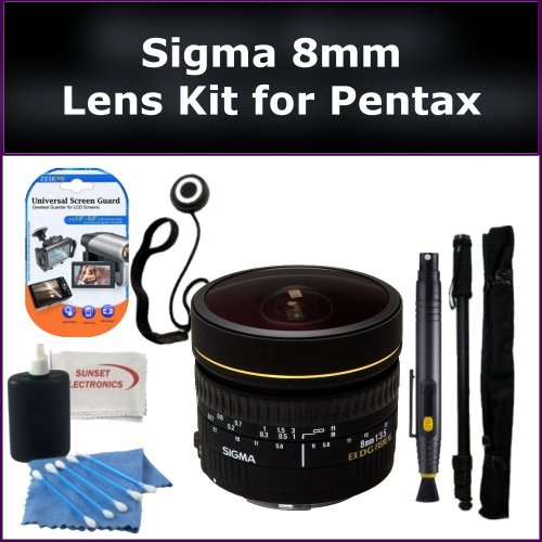 Sigma Fisheye 8mm f/3.5 EX DG Circular Fisheye Autofocus Lens Kit for Pentax K200d, K20d, K10D, K100D Digital SLR Cameras. Package Includes: Sigma 8mm Lens, Lens Cap Keeper, Lens Cleaning Pen, Monopod, LCD Screen Protectors and Cleaning Kit with SSE Microfiber Cleaning Cloth