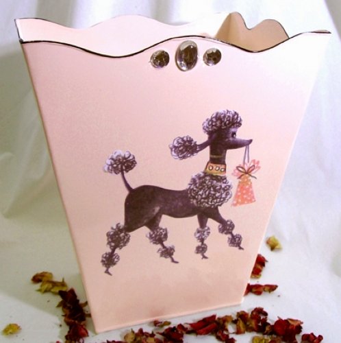 Vintage Trashcan, Wastebasket, Trash Receptacle, Trash Holder 1pc ~ #W20 Shabby Chic Pink Enamel Coated Metal Waste Basket with French Vintage 50's Poodle Art