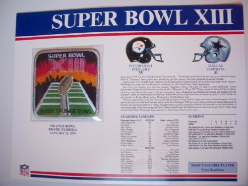 1978 Pittsburgh Steelers vs Dallas Cowboys NFL Super Bowl 13 (XIII) 1979 Terry Bradshaw MVP Willabee Ward Patch and Stat Panel Card