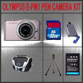 Olympus PEN E-PM1 Digital Camera (Pink) W/14-42mm Lens + Huge Accessories Package Including 32GB SDHC Memory Card + High Capacity PS-BLS-1 Replacement Lithium-Ion Battery + Hi-Speed SD Card Reader + Carrying Case + Table Top Tripod Kit