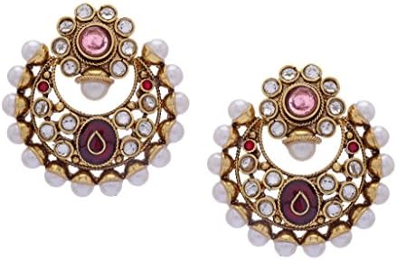 Hyderabad Jewels Women's Round Shaped Fashion Earring With Semi Precious Stones Red