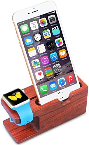 JUNCHI Apple Watch Stand, Natural Rosewood Apple Watch Charging Dock Station Cradle for Iphone, All Smartphone and Apple Watch 38mm 42mm 2 in 1 Tablet Organizer