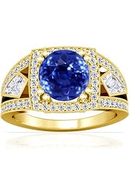 14K Yellow Gold Round Cut Blue Sapphire Ring With Sidestones