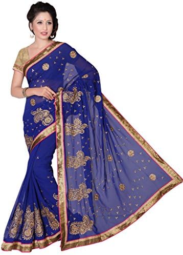 Suchi Women's Royal Blue Embroidery & Border Work Georgette Party Wear Saree