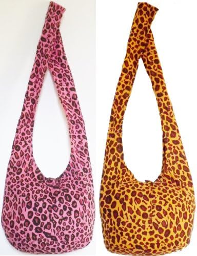 Pink Leopard & Natural Leopard Regular Sling Cross Body Shoulder Hippie Hobo Thai Cotton Boho Tote Beach Bag Gym Bag Craft Bag Satchel Grocery Fishing Lunch Bags and Purses By Audrey Slavich