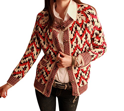 【 UN ANANAS 】 ニット 編み カーディガン ノルディック 民族 柄 レディース 赤 レッド 韓国 スタイル