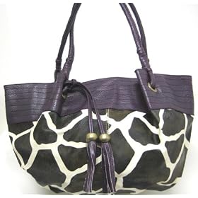 Brown White Giraffe Print Hobo Bag Purse Purple Trim