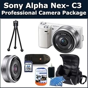 Sony Alpha Nex-c3 (White) Professional Camera Package Includes: Sony Alpha Nex-c3 Interchangeable Lens Digital Camera, E-mount Sel16f28 16mm F/2.8 Wide-angle Lens, Hard Case, 32 Gb Class 10 Sdhc Memory Card, Memory Card Reader, Table Top Tripod, LCD Screen Protectors and Cleaning Kit
