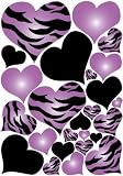 Purple Radial, Zebra Print, and Black Hearts Wall Sticker Decals on a 18in by 25in sheet