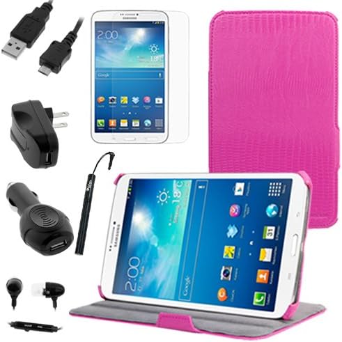 BIRUGEAR Hot Pink Multi-Angle Stand Folio Case & Screen Protector, Charger for Samsung Galaxy Tab 3 8.0 - 8'' Tablet (SM-T3100 / SM-T3110, Wifi / 3G, 4G LTE) -- with Auto Sleep/Wake Function