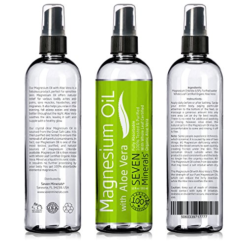 BEST MAGNESIUM OIL SPRAY with Aloe Vera for Best Results, 100% Pure for Powerful Relief of Sore Muscles, Restless Leg Syndrome, Chronic Back Pain, Migraine Headaches, Insomnia, & Natural Deodorant!