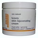 GOLDEN SUNDROPS, (4 OZ), ROYAL JELLY, +, GINSENG, HYALURONIC ACID, +, VITAMIN C, VITAMIN E, 100% NATURAL, ORGANIC, BEST, LUXURY, SKIN, REJUVENATING, CREAM, MOISTURIZES, RESTORES, REVITALIZES, ALL, TYPES, OF, SKIN, 4 OZ / 112 G, MADE IN THE USA.