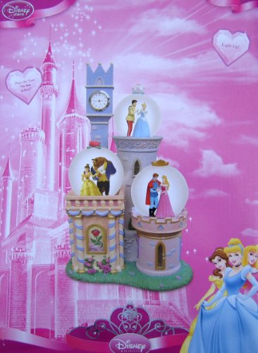 Disney Store Princess & Prince Castle Musical Light Up Snow Globe w Clock & 3 Water Balls - Lights Up & Plays Tune So This is Love