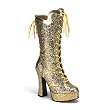 Womens Boots Chunky 5 Inch Heel Lace Up Platform Calf Boot Gold Glitter