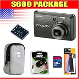 Nikon Coolpix S600 Digital Camera, Nikon 2 Year Extended Warranty, 4 GB SD Memory Card ,USB 2.0 SDHC Memory Card Reader, Nikon Coolpix Case, Additional EN-EL10 Battery, LCD Screen Protectors, and Cleaning Kit.