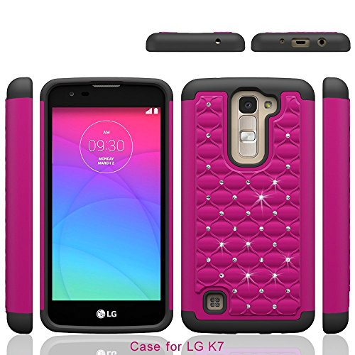 LG K7 Case, LG Tribute 5 Case, Speedup Slim Dual Layer Spot Diamond Hybrid Gel Rhinestone Bling Hot Pink Hard Armor Shell + Black Shock-Absorption Soft Silicone Inner Bumper Defender Case Cover