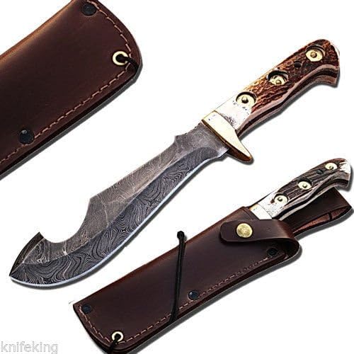 Damascus Steel Custom Made Gut Hook Hunting Knife Stag Handle W/ Leather Sheath (Limited Edition)