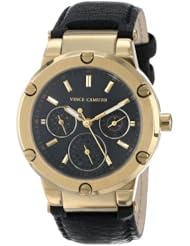 Vince Camuto Womens VC/5124BKBK Gold-Tone Black Leather Strap Swarovski Elements Watch