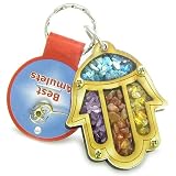 Holly Land Genuine Gemstones Amulet Good Luck and Protection Powers Hamsa Hand Blessing Natural Wooden Keychain Lucky Charm