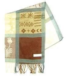 Light Brown Green Flower Knit Shawl 27"x68"