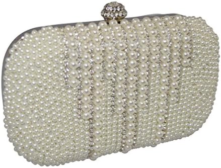 BW Collection, Women's Elegant PU/Rhinestones/Pearls Case Clutch Evening Bag-Ivory