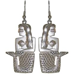 Egyptian Mermaid Earrings, Vintage Mold, 2 Tone Finish In Silver Tone